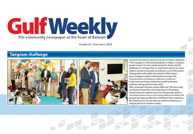 Havelock One donated Tangrams to RIA Institute Bahrain PR coverage - by Gulf Weekly